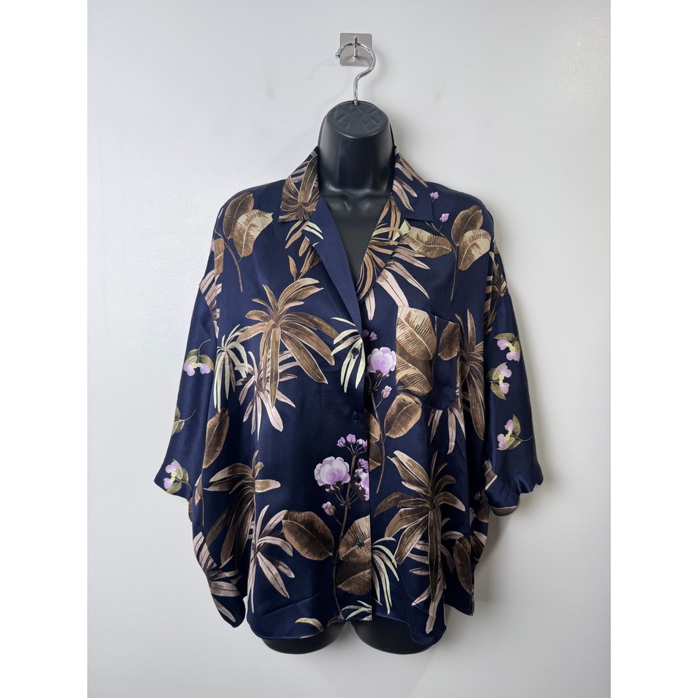 Vince Women Navy Blue Silk Tropical Floral Button Down Shirt Boho Large